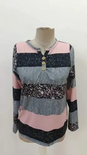 Kadın Uzun Kollu Yakadan Düğmeli çizgili Desenli Süprem Bluz - 4