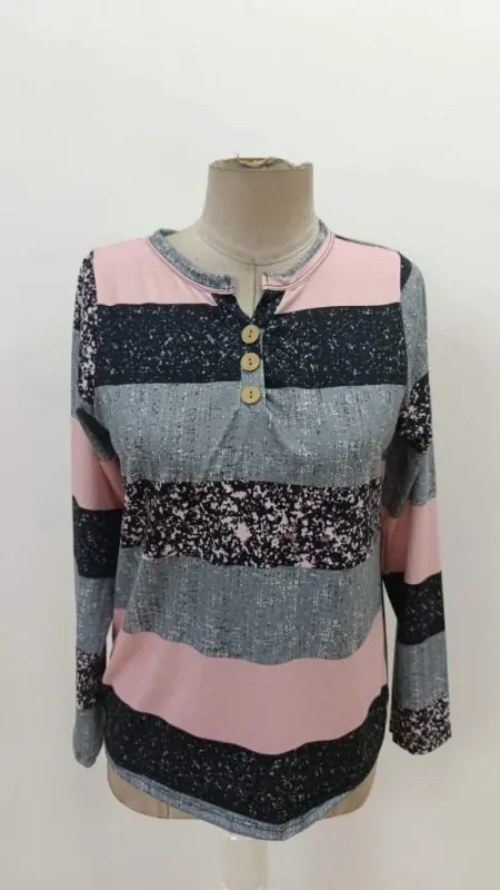 Kadın Uzun Kollu Yakadan Düğmeli çizgili Desenli Süprem Bluz - 4