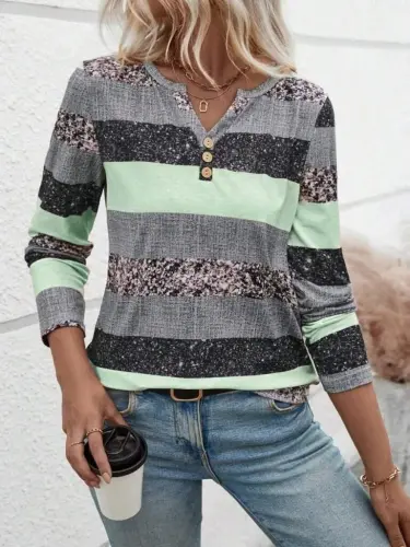 Kadın Uzun Kollu Yakadan Düğmeli çizgili Desenli Süprem Bluz - 3