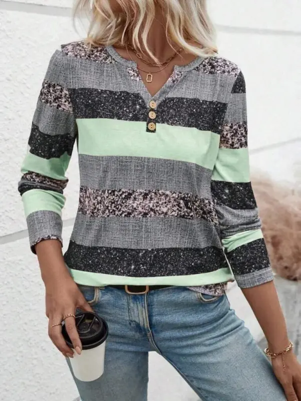 Kadın Uzun Kollu Yakadan Düğmeli çizgili Desenli Süprem Bluz - 3