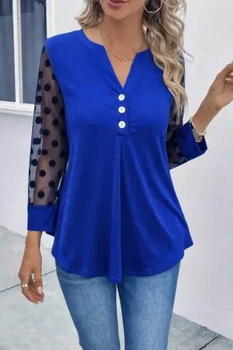 Kadın Uzun Kollu Yakadan Düğmeli Kolları Tül Detaylı Viskon Bluz - 1