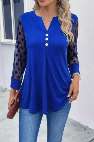 Kadın Uzun Kollu Yakadan Düğmeli Kolları Tül Detaylı Viskon Bluz - 3