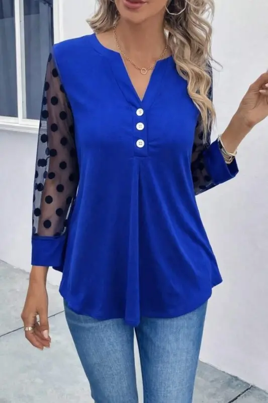 Kadın Uzun Kollu Yakadan Düğmeli Kolları Tül Detaylı Viskon Bluz - BÜYÜKBEDENIZ