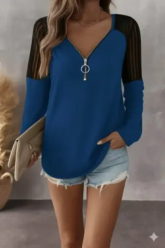 Kadın Uzun Kollu Yakadan Fermuarlı Viskon Bluz - 1