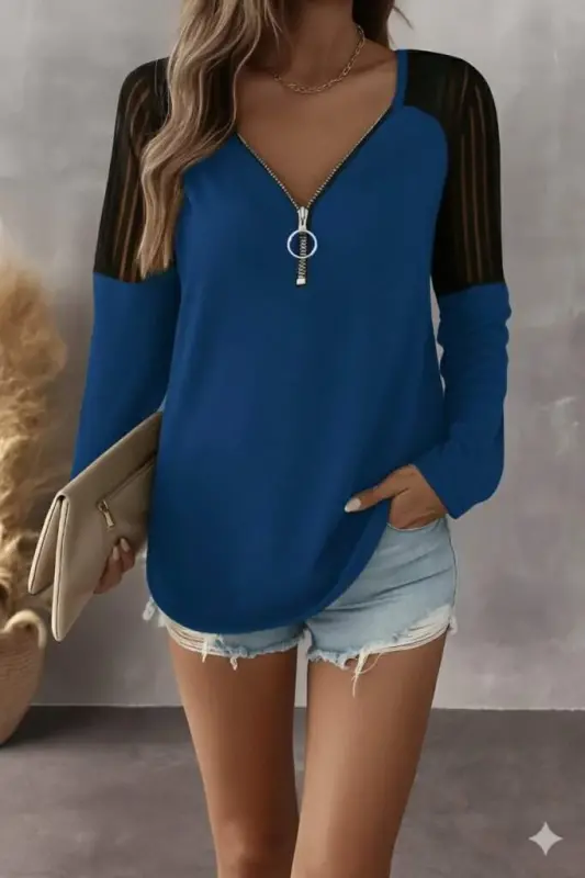 Kadın Uzun Kollu Yakadan Fermuarlı Viskon Bluz - 1