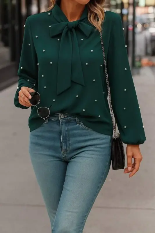 Kadın Uzun Kollu Yakadan Fiyonklu Incili Ithal Krep Bluz - 2