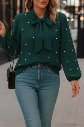 Kadın Uzun Kollu Yakadan Fiyonklu Incili Ithal Krep Bluz - 4