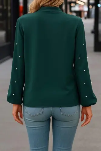 Kadın Uzun Kollu Yakadan Fiyonklu Incili Ithal Krep Bluz - 5