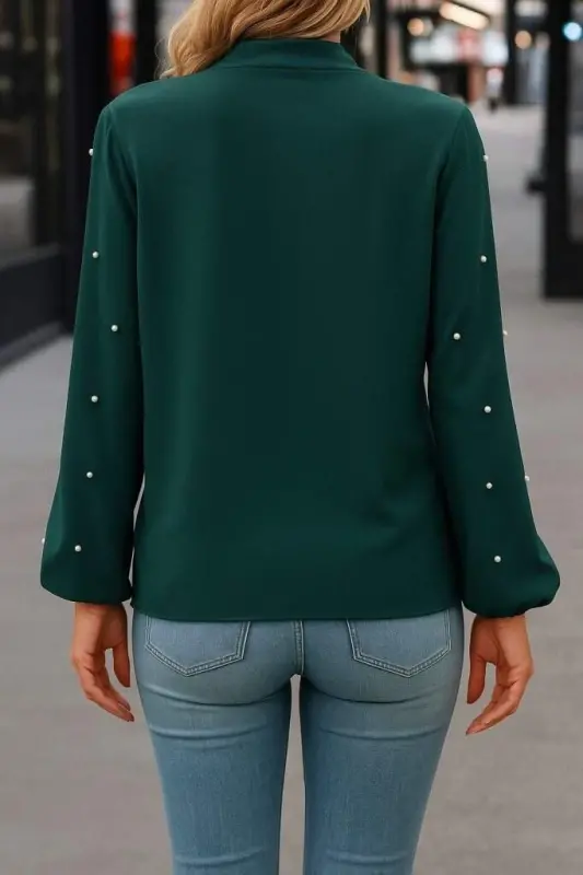 Kadın Uzun Kollu Yakadan Fiyonklu Incili Ithal Krep Bluz - 5