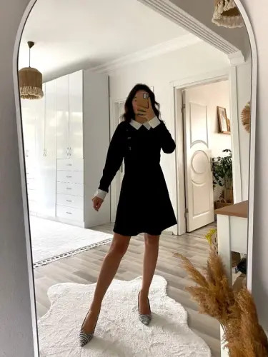 Kadın Uzun Kollu Yakalı A Kesim Kısa Ithal Krep Elbise - 14