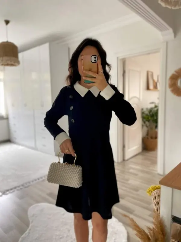 Kadın Uzun Kollu Yakalı A Kesim Kısa Ithal Krep Elbise - 15