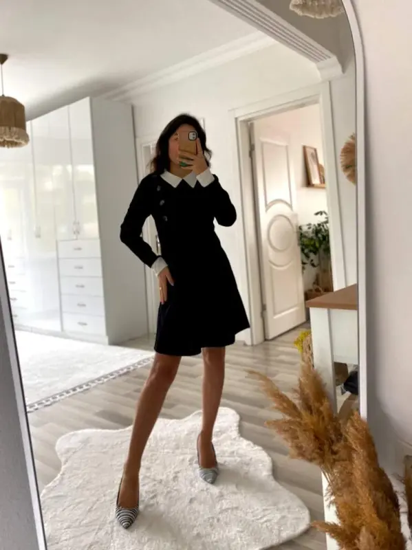 Kadın Uzun Kollu Yakalı A Kesim Kısa Ithal Krep Elbise - 16