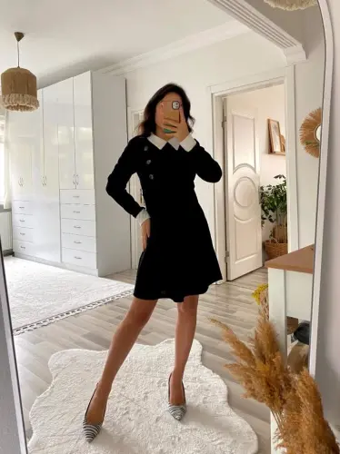 Kadın Uzun Kollu Yakalı A Kesim Kısa Ithal Krep Elbise - 17