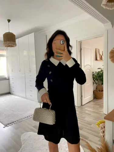 Kadın Uzun Kollu Yakalı A Kesim Kısa Ithal Krep Elbise - 18