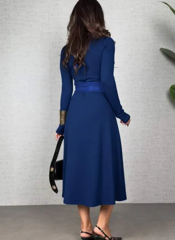 Kadın Uzun Kollu Yakalı Belden Deri Detaylı Kuşaklı Yırtmaçlı Midi Viskon Iki Iplik Elbise - 2