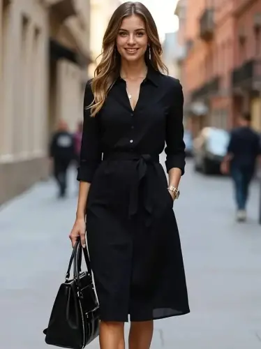 Kadın Uzun Kollu Yakalı Belden Kuşaklı Midi Trikoton Elbise - 1