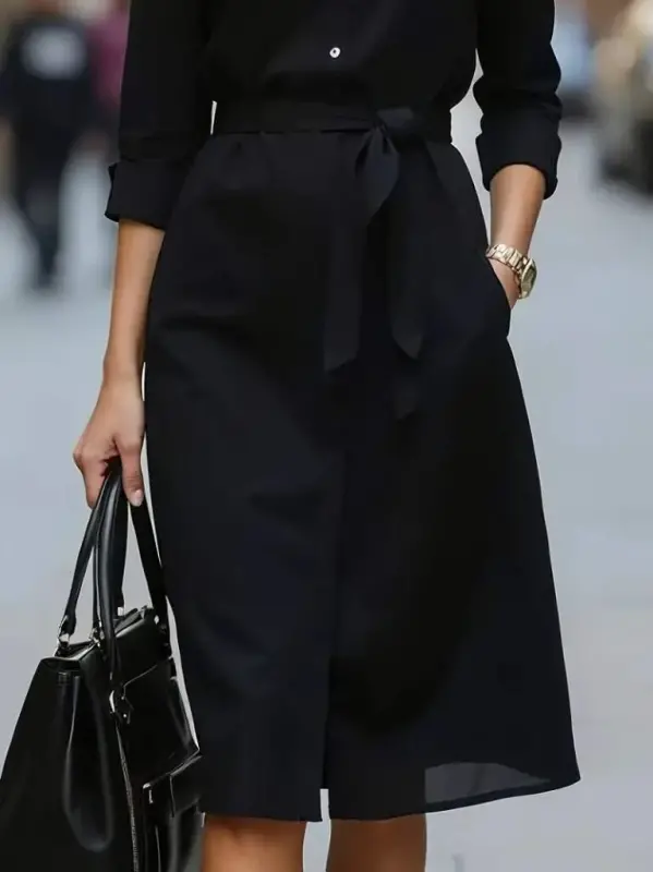 Kadın Uzun Kollu Yakalı Belden Kuşaklı Midi Trikoton Elbise - 3