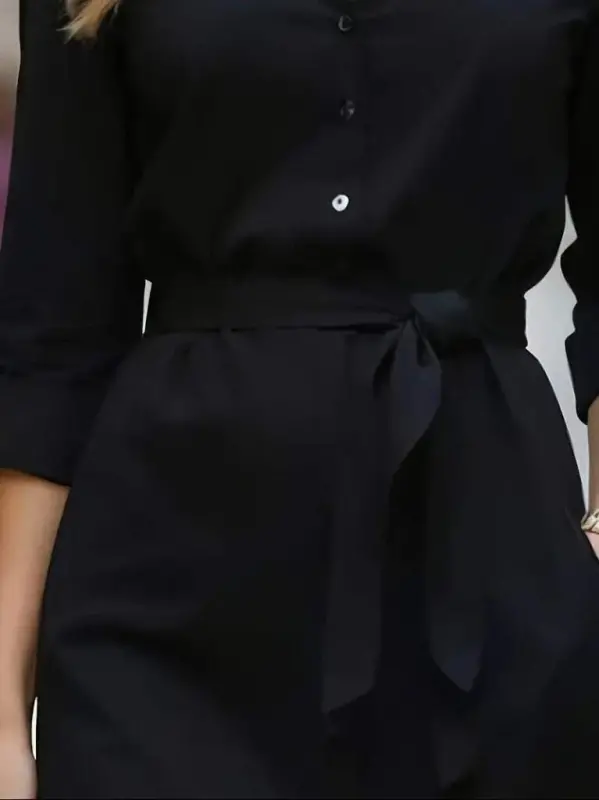 Kadın Uzun Kollu Yakalı Belden Kuşaklı Midi Trikoton Elbise - 4