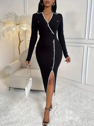 Kadın Uzun Kollu Yakalı Cepli Düğmeli Yırtmaç Detaylı Modal Uzun Elbise - BÜYÜKBEDENIZ (1)