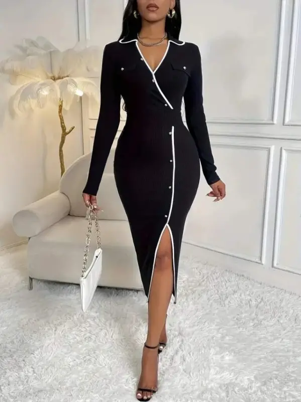 Kadın Uzun Kollu Yakalı Cepli Düğmeli Yırtmaç Detaylı Modal Uzun Elbise - 2