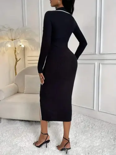 Kadın Uzun Kollu Yakalı Cepli Düğmeli Yırtmaç Detaylı Modal Uzun Elbise - 4