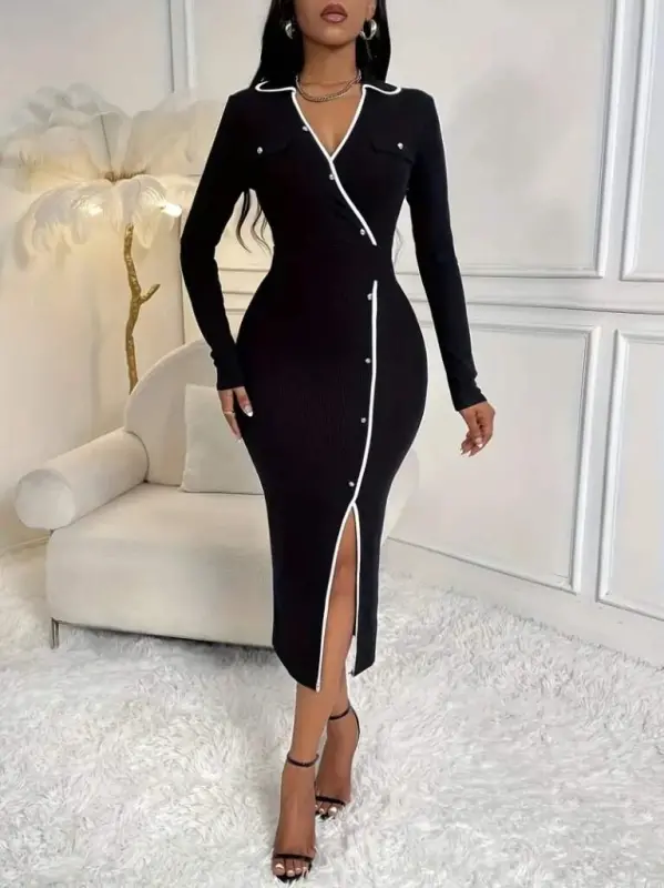 Kadın Uzun Kollu Yakalı Cepli Düğmeli Yırtmaç Detaylı Modal Uzun Elbise - BÜYÜKBEDENIZ