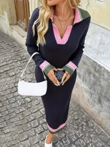 Kadın Uzun Kollu Yakalı çok Renkli Triko Uzun Elbise - 6