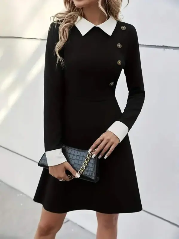 Kadın Uzun Kollu Yakalı Düğmeli Kısa Modal Mini Elbise - 2