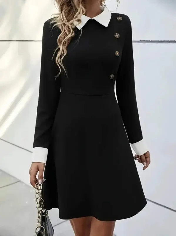 Kadın Uzun Kollu Yakalı Düğmeli Kısa Modal Mini Elbise - 3