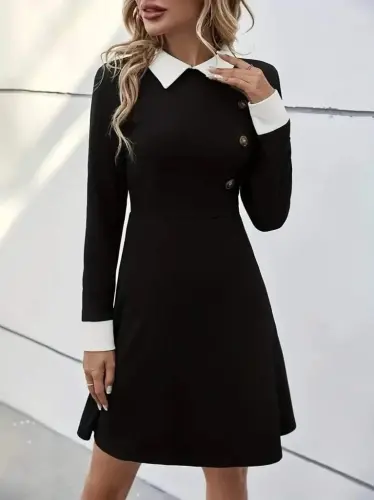 Kadın Uzun Kollu Yakalı Düğmeli Kısa Modal Mini Elbise - 5
