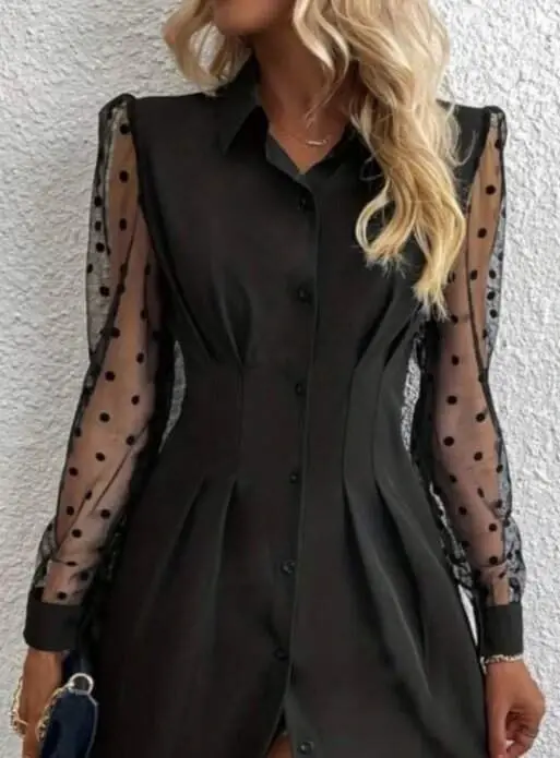 Kadın Uzun Kollu Yakalı Düğmeli Mini Ithal Krep Elbise - 2