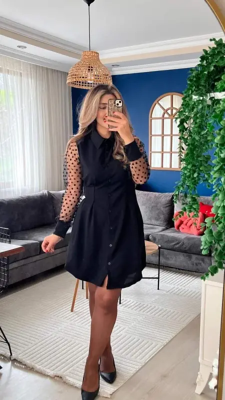 Kadın Uzun Kollu Yakalı Düğmeli Mini Ithal Krep Elbise - BÜYÜKBEDENIZ