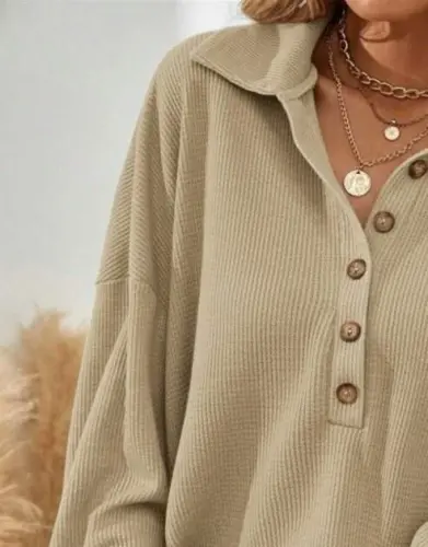 Kadın Uzun Kollu Yakalı Düğmeli Salaş Waffle Bluz - 3