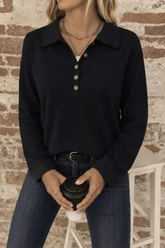 Kadın Uzun Kollu Yakalı Düğmeli Salaş Waffle Bluz - BÜYÜKBEDENIZ