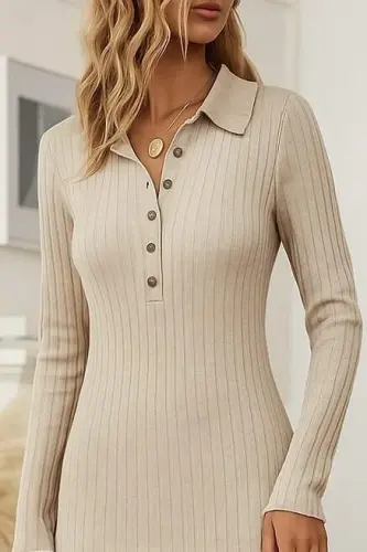 Kadın Uzun Kollu Yakalı Düğmeli şardonlu Kaşkorse Elbise - BÜYÜKBEDENIZ (1)