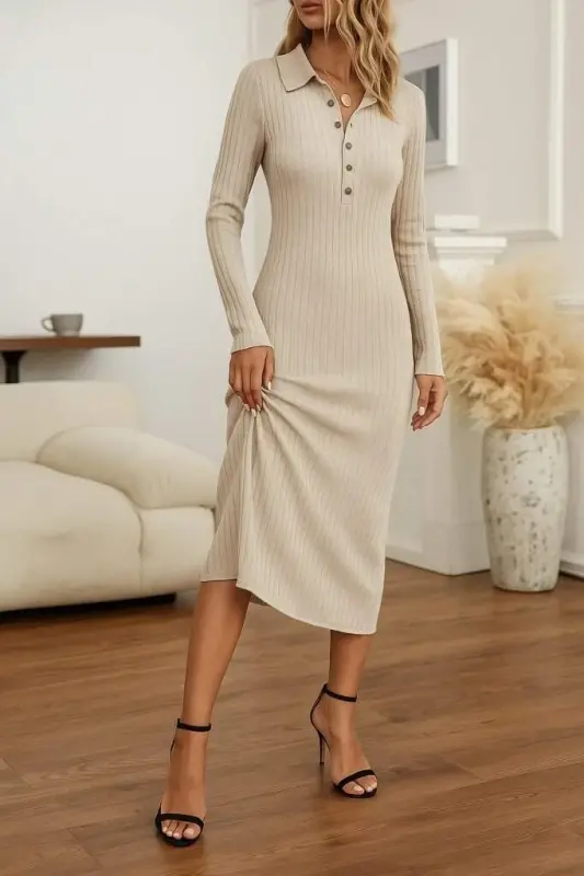 Kadın Uzun Kollu Yakalı Düğmeli şardonlu Kaşkorse Elbise - 1