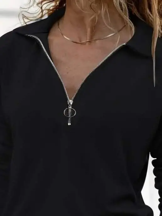 Kadın Uzun Kollu Yakalı Fermuarlı Iki Iplik Bluz - 2