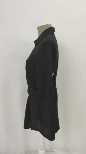 Kadın Uzun Kollu Yakalı önden Düğmeli Beli Kuşaklı Mini Ithal Keten Elbise - 7