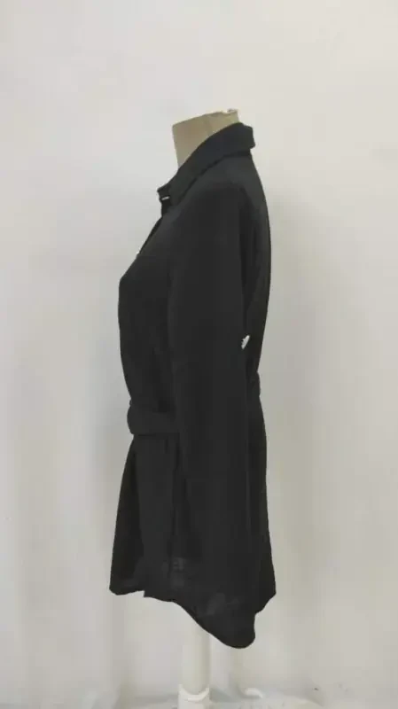 Kadın Uzun Kollu Yakalı önden Düğmeli Beli Kuşaklı Mini Ithal Keten Elbise - 7