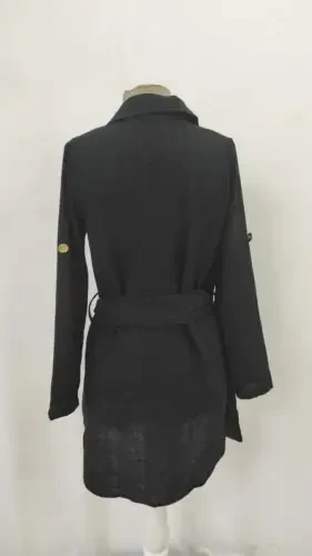 Kadın Uzun Kollu Yakalı önden Düğmeli Beli Kuşaklı Mini Ithal Keten Elbise - 8