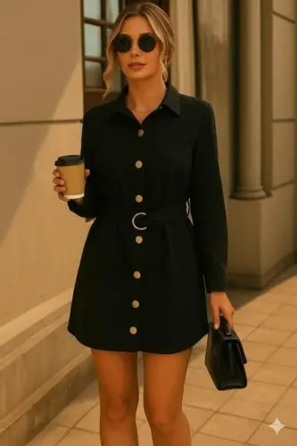 Kadın Uzun Kollu Yakalı önden Düğmeli Beli Kuşaklı Mini Ithal Keten Elbise - 3