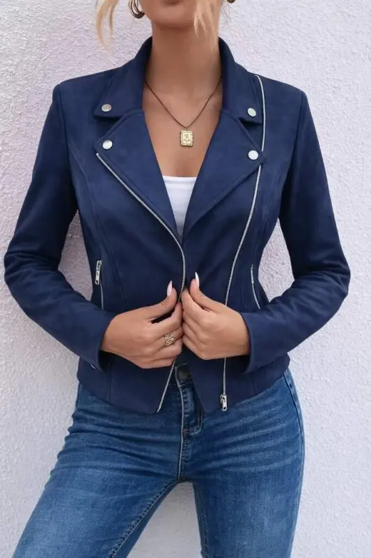 Kadın Uzun Kollu Yakalı önden Fermuarlı Kısa Süet Ceket - BÜYÜKBEDENIZ