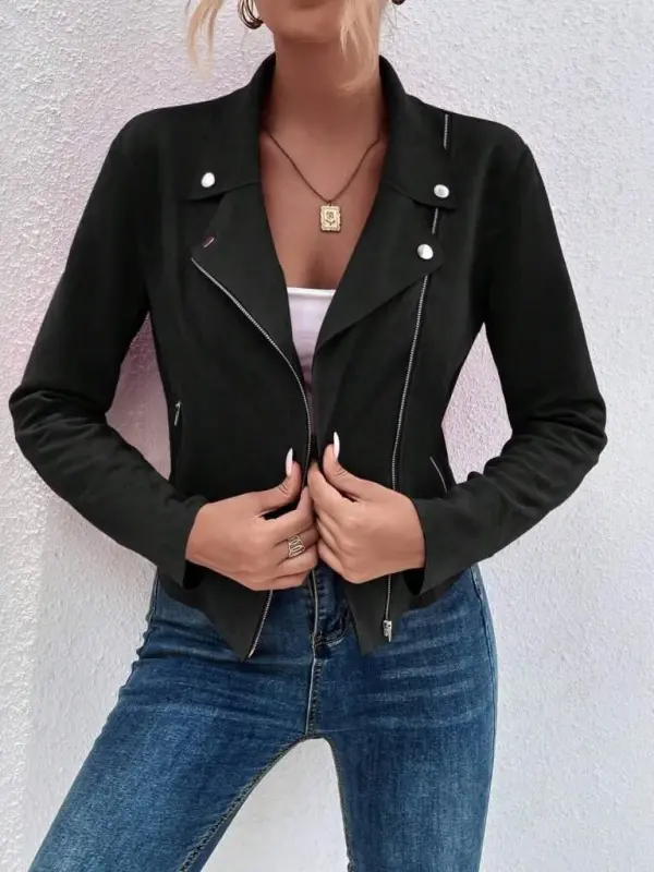 Kadın Uzun Kollu Yakalı önden Fermuarlı Kısa Süet Ceket - 1