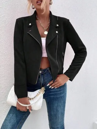 Kadın Uzun Kollu Yakalı önden Fermuarlı Kısa Süet Ceket - 3