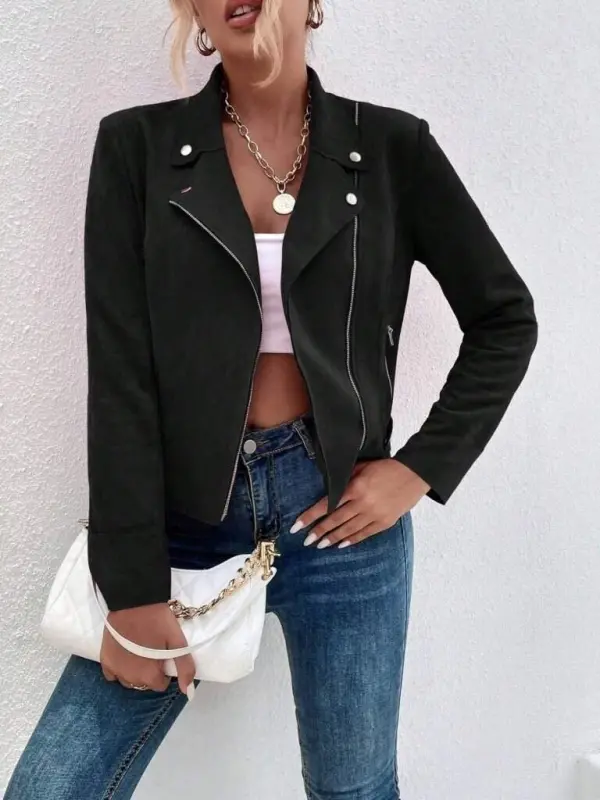 Kadın Uzun Kollu Yakalı önden Fermuarlı Kısa Süet Ceket - 3