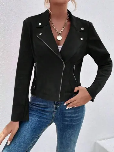 Kadın Uzun Kollu Yakalı önden Fermuarlı Kısa Süet Ceket - 4