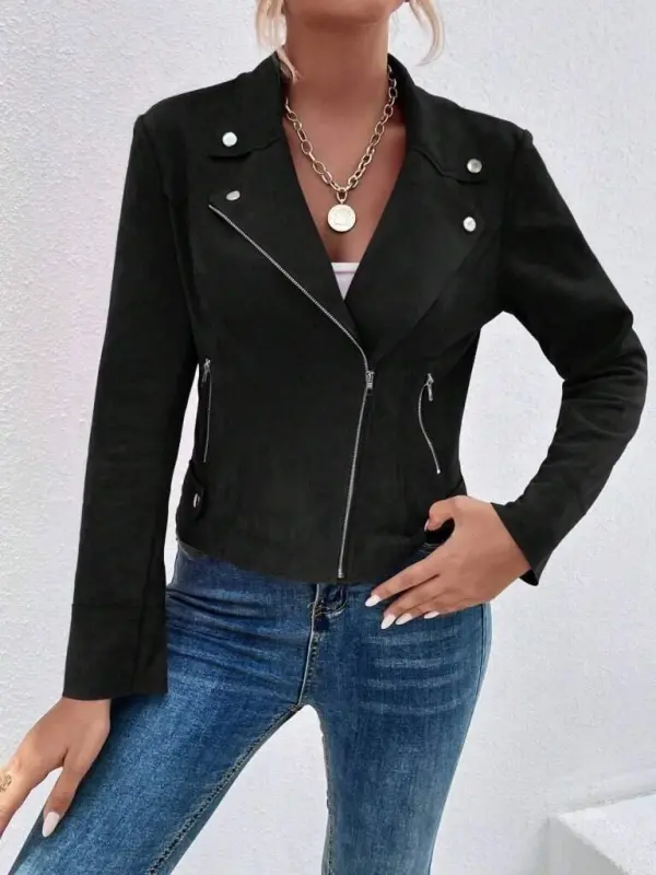 Kadın Uzun Kollu Yakalı önden Fermuarlı Kısa Süet Ceket - 4