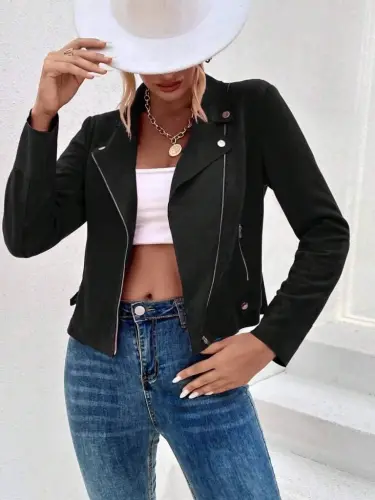 Kadın Uzun Kollu Yakalı önden Fermuarlı Kısa Süet Ceket - BÜYÜKBEDENIZ (1)