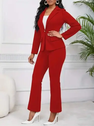 Kadın Uzun Kollu Yakalı Tek Düğme Detaylı Astarlı Ithal Krep Ceket Ve Pantolon Ikili Takım - 4