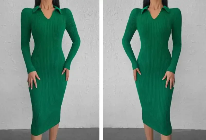 Kadın Uzun Kollu Yakalı Triko Elbise - 3